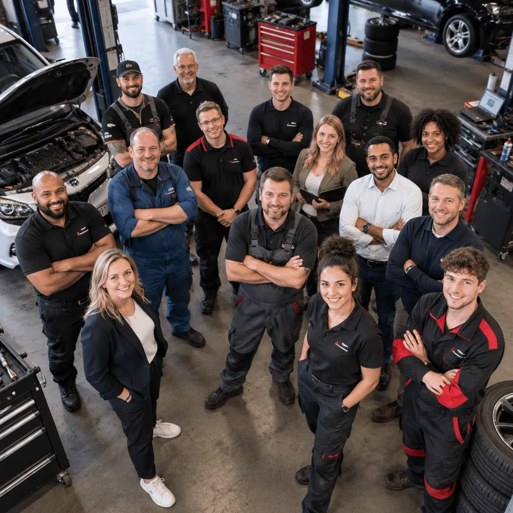 Team van een autobedrijf in de werkplaats
